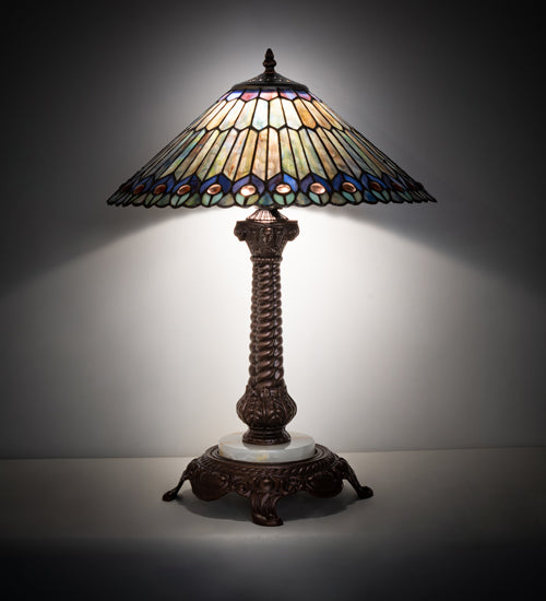 23" High Tiffany Jeweled Peacock Table Lamp