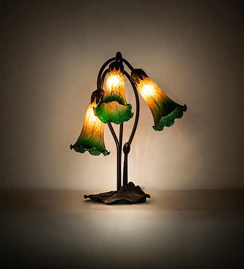 16" High Amber/Green Tiffany Pond Lily 3 Light Accent Lamp