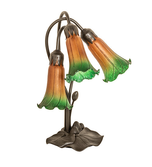 16" High Amber/Green Tiffany Pond Lily 3 Light Accent Lamp