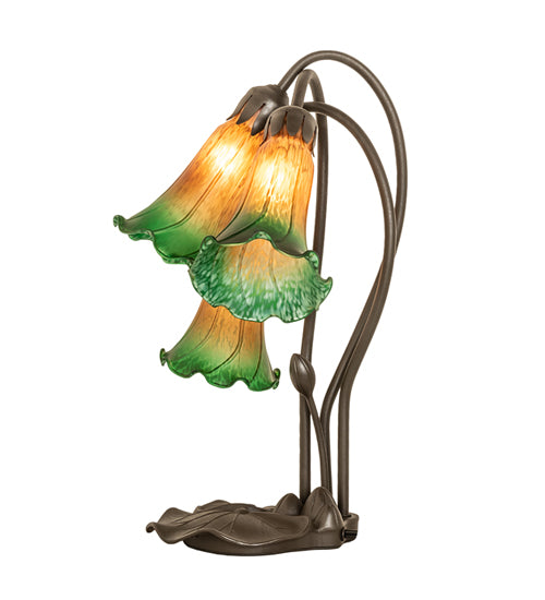 16" High Amber/Green Tiffany Pond Lily 3 Light Accent Lamp