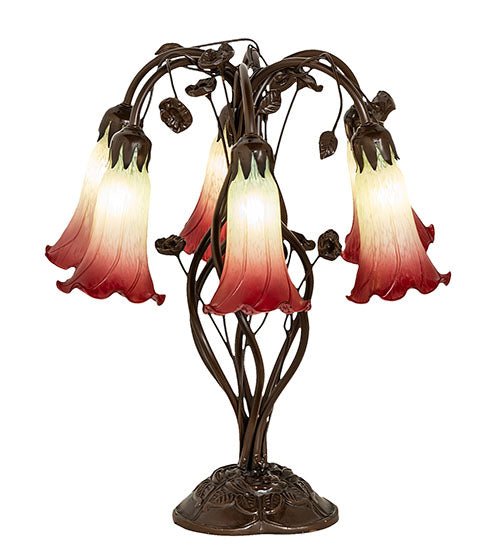 18" High Seafoam/Cranberry Tiffany Pond Lily 6 Light Table Lamp