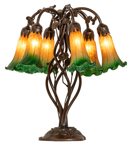 18" High Amber/Green Tiffany Pond Lily 6 Light Table Lamp