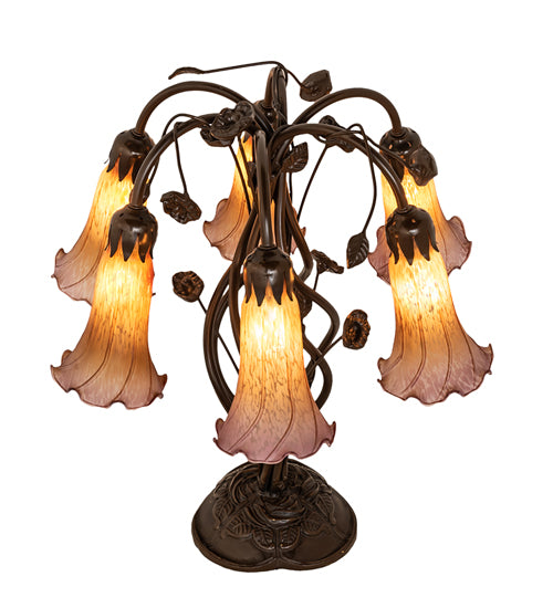 18" High Amber/Purple Tiffany Pond Lily 6 Light Table Lamp