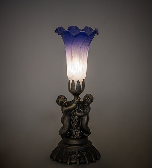 13" High Blue/White Tiffany Pond Lily Twin Cherub Accent Lamp