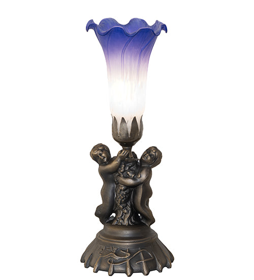 13" High Blue/White Tiffany Pond Lily Twin Cherub Accent Lamp