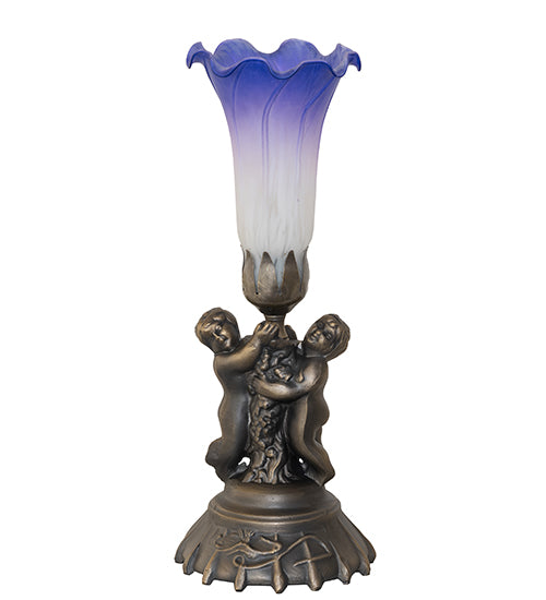 13" High Blue/White Tiffany Pond Lily Twin Cherub Accent Lamp