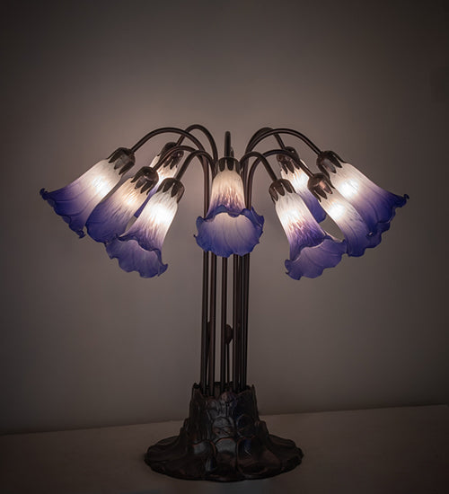 24" High Blue/White Tiffany Pond Lily 10 Light Table Lamp