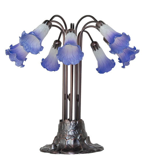 24" High Blue/White Tiffany Pond Lily 10 Light Table Lamp