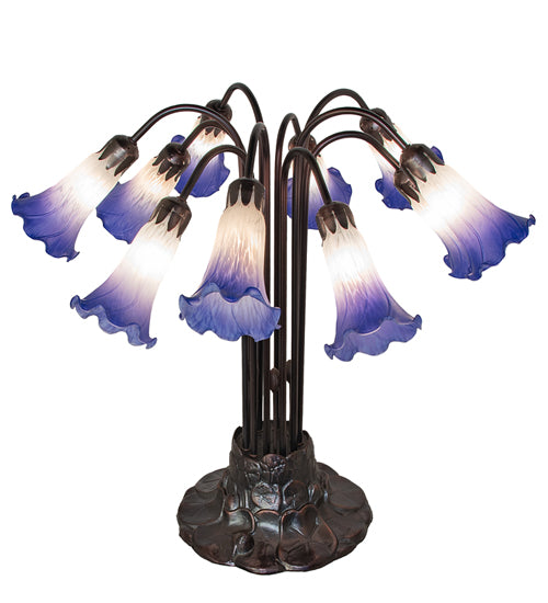 24" High Blue/White Tiffany Pond Lily 10 Light Table Lamp