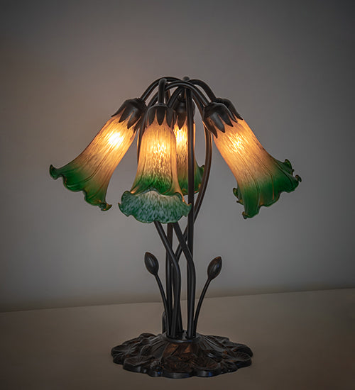 16" High Amber/Green Tiffany Pond Lily 5 Light Table Lamp