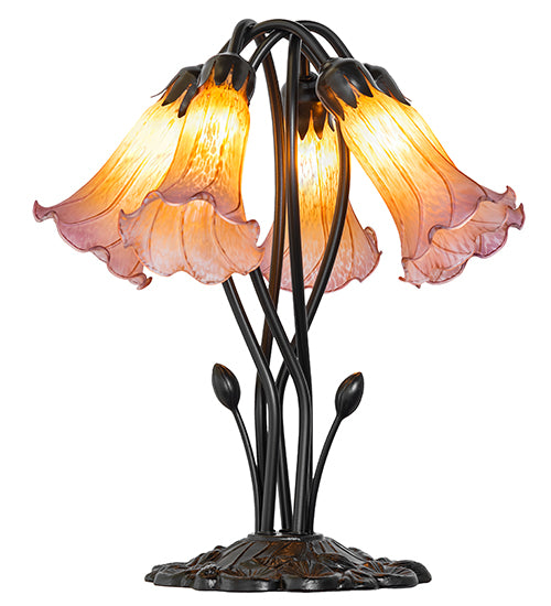 16" High Amber/Purple Tiffany Pond Lily 5 Light Table Lamp