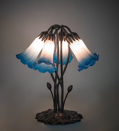 16" High Blue/Pink Tiffany Pond Lily 5 Light Table Lamp