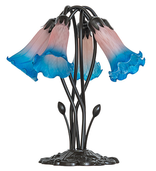 16" High Blue/Pink Tiffany Pond Lily 5 Light Table Lamp