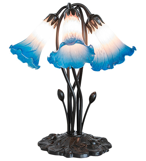 16" High Blue/Pink Tiffany Pond Lily 5 Light Table Lamp