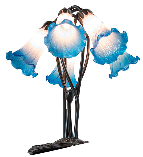 16" High Blue/Pink Tiffany Pond Lily 5 Light Table Lamp