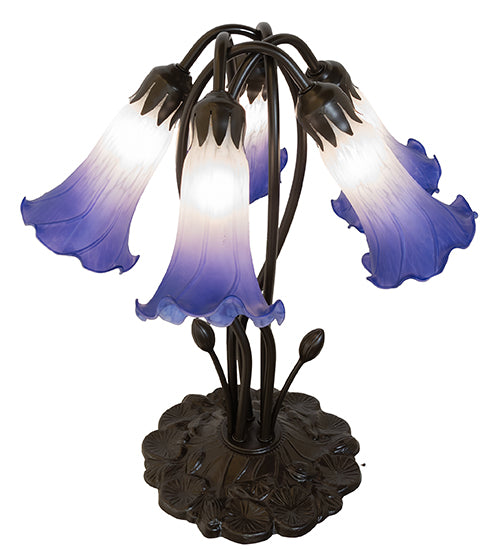 16" High Blue/White Tiffany Pond Lily 5 Light Table Lamp