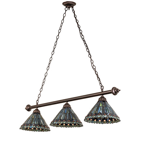 52" Long Tiffany Jeweled Peacock 3 Light Island Pendant