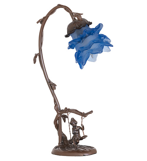 16" High Blue Floral Cherub On Swing Mini Lamp