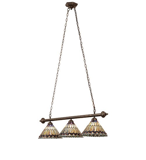 47" Long Tiffany Jeweled Peacock 3 Light Island Pendant