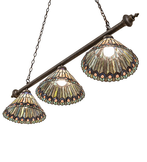 47" Long Tiffany Jeweled Peacock 3 Light Island Pendant