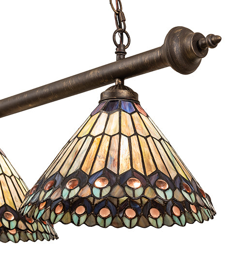 47" Long Tiffany Jeweled Peacock 3 Light Island Pendant