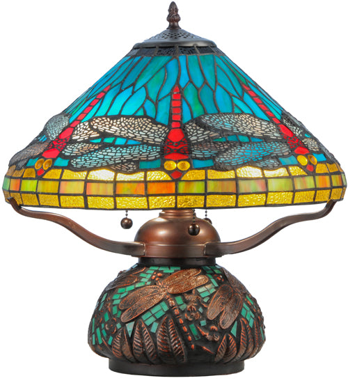 17"H Tiffany Dragonfly W/Tiffany Mosaic Base Table Lamp