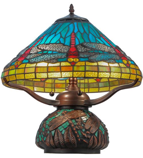 17"H Tiffany Dragonfly W/Tiffany Mosaic Base Table Lamp