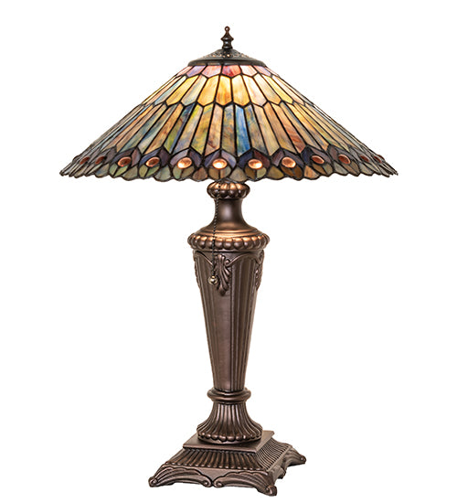 23" High Tiffany Jeweled Peacock Table Lamp