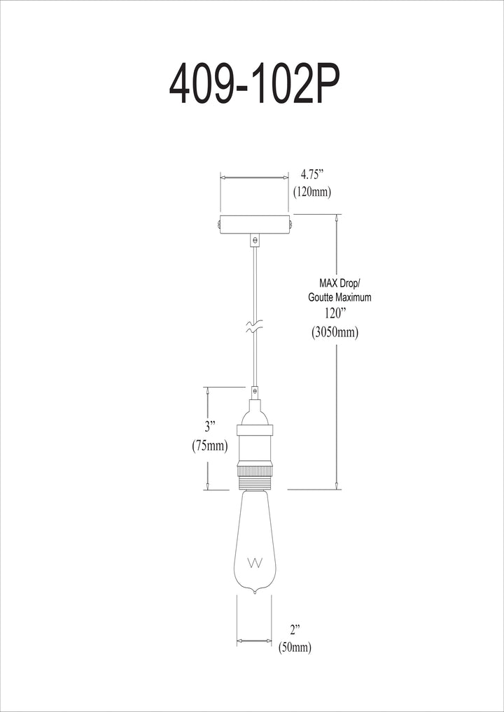 Dainolite 1 Light Pendant, Satin Chrome Finish, 10 foot cord