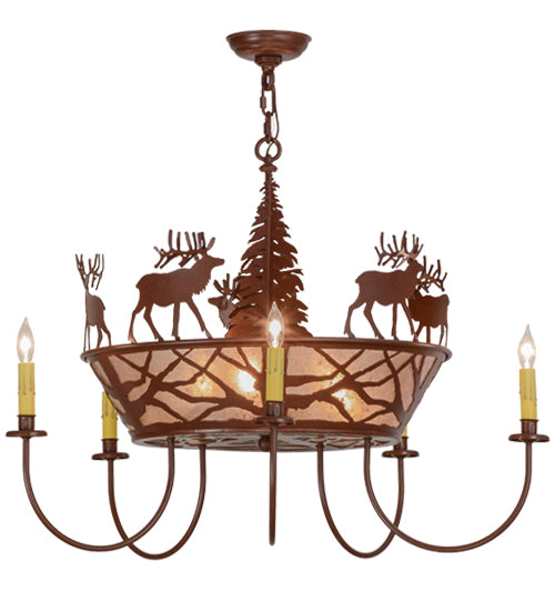 35"W Elk On The Loose 5 Arm Chandelier