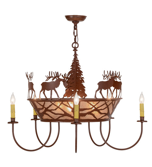 35"W Elk On The Loose 5 Arm Chandelier