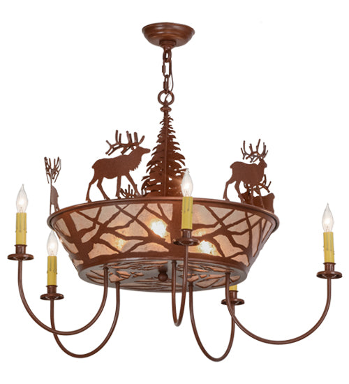 35"W Elk On The Loose 5 Arm Chandelier