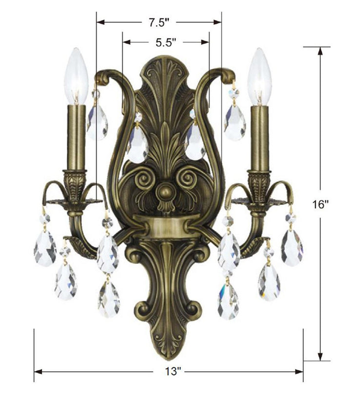 Crystorama Dawson 2 Light Golden Teak Hand Cut Crystal Antique Brass Sconce