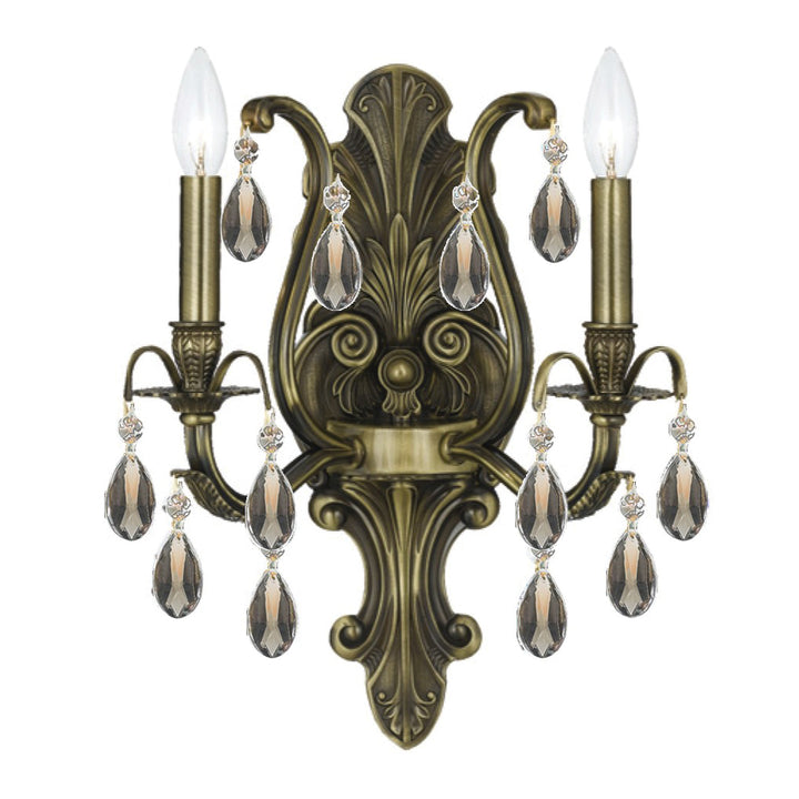 Dawson 2 Light Golden Teak Hand Cut Crystal Antique Brass Sconce