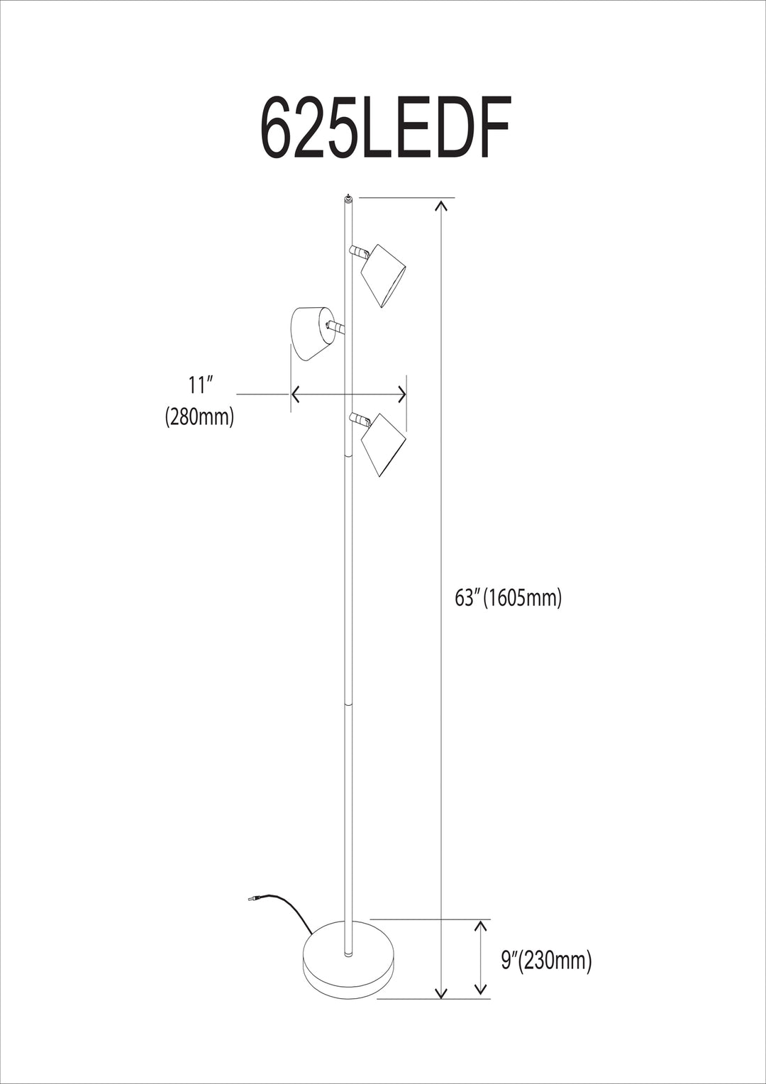 Dainolite 3 Light LED Floor Lamp, Matte Black Finish