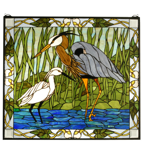 30"W X 27"H Blue Heron & Snowy Egret Stained Glass Window