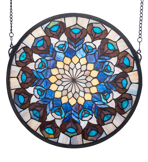 17"W X 17"H Tiffany Peacock Feather Medallion Stained Glass Window