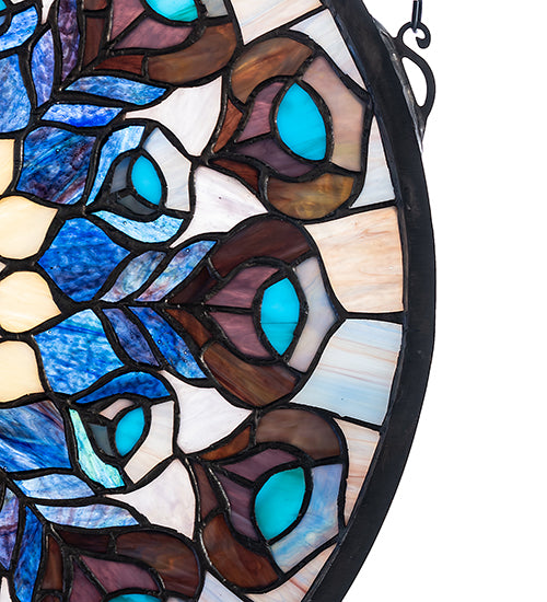 17"W X 17"H Tiffany Peacock Feather Medallion Stained Glass Window