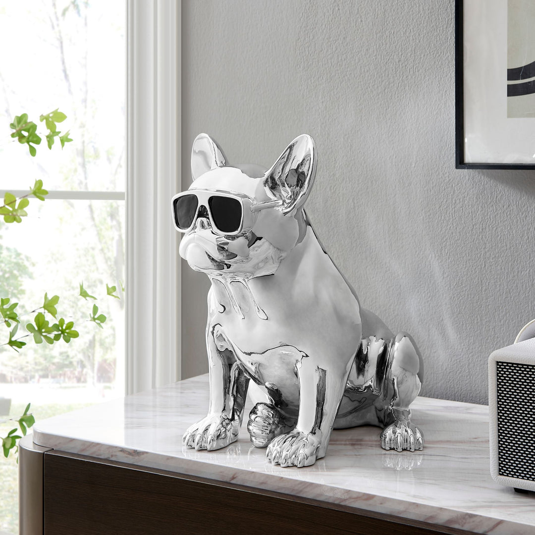 French Bulldog Sitting Sculpture / Chrome & Black