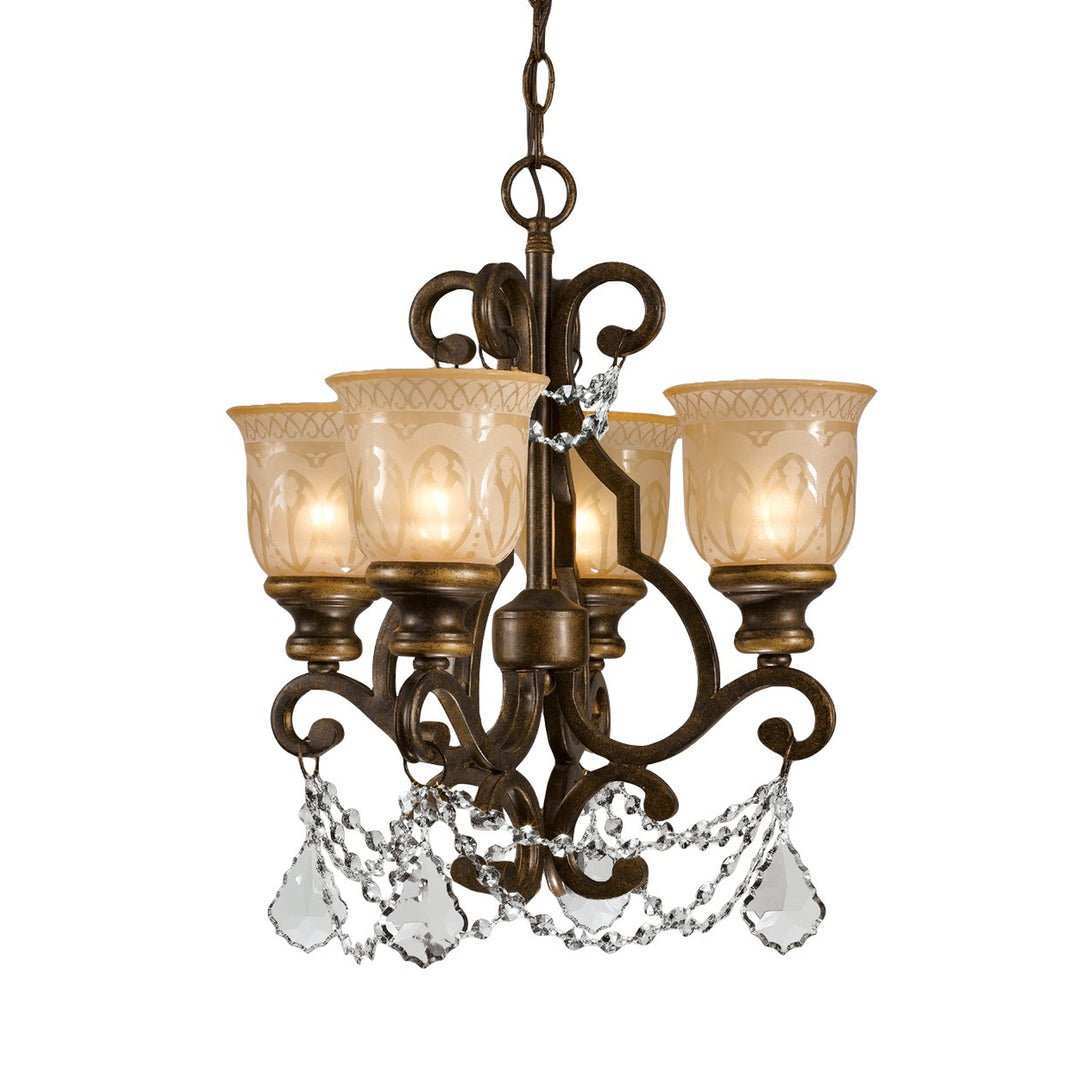 Norwalk 4 Light Golden Teak Hand Cut Crystal Bronze Umber Mini Chandelier