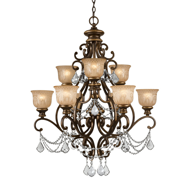 Norwalk 9 Light Golden Teak Swarovski Strass Crystal Bronze Umber Chandelier