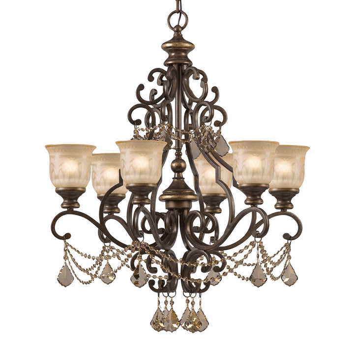 Norwalk 6 Light Golden Teak Swarovski Strass Crystal Bronze Umber Chandelier