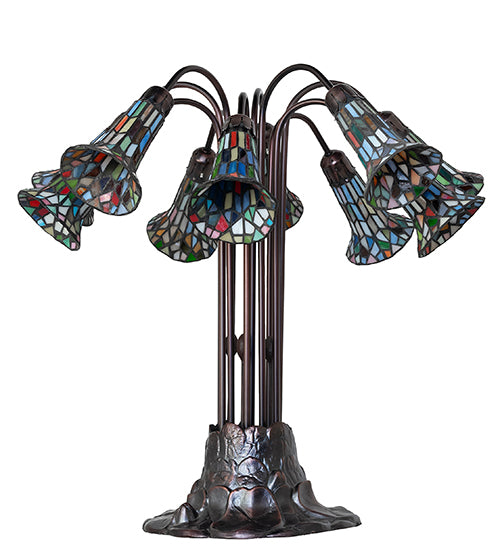 24" High Stained Glass Pond Lily 10 Light Table Lamp