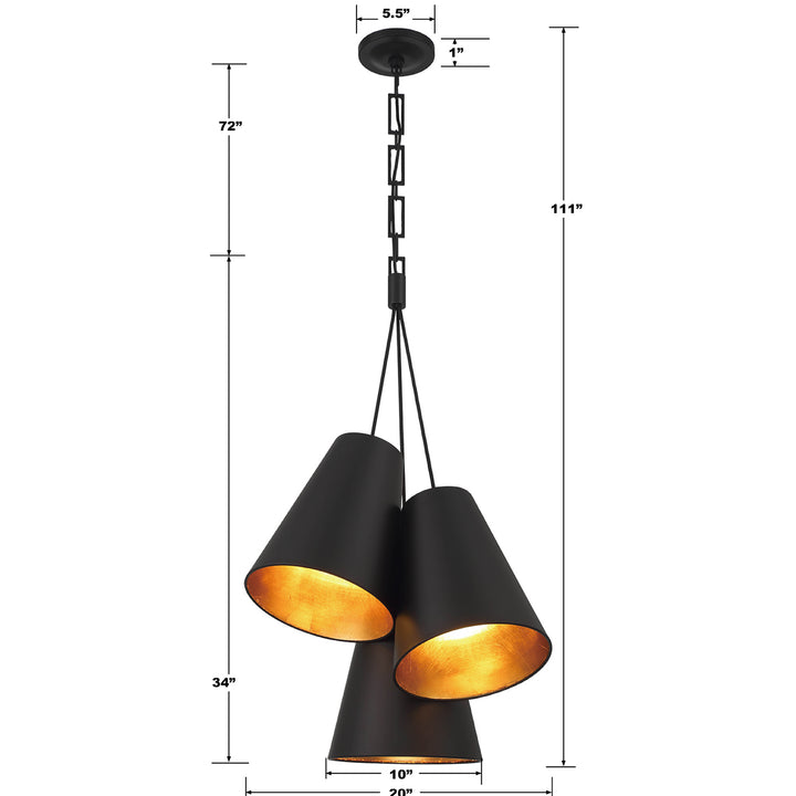 Crystorama Brian Patrick Flynn Alston 3 Light Matte Black + Antique Gold Pendant