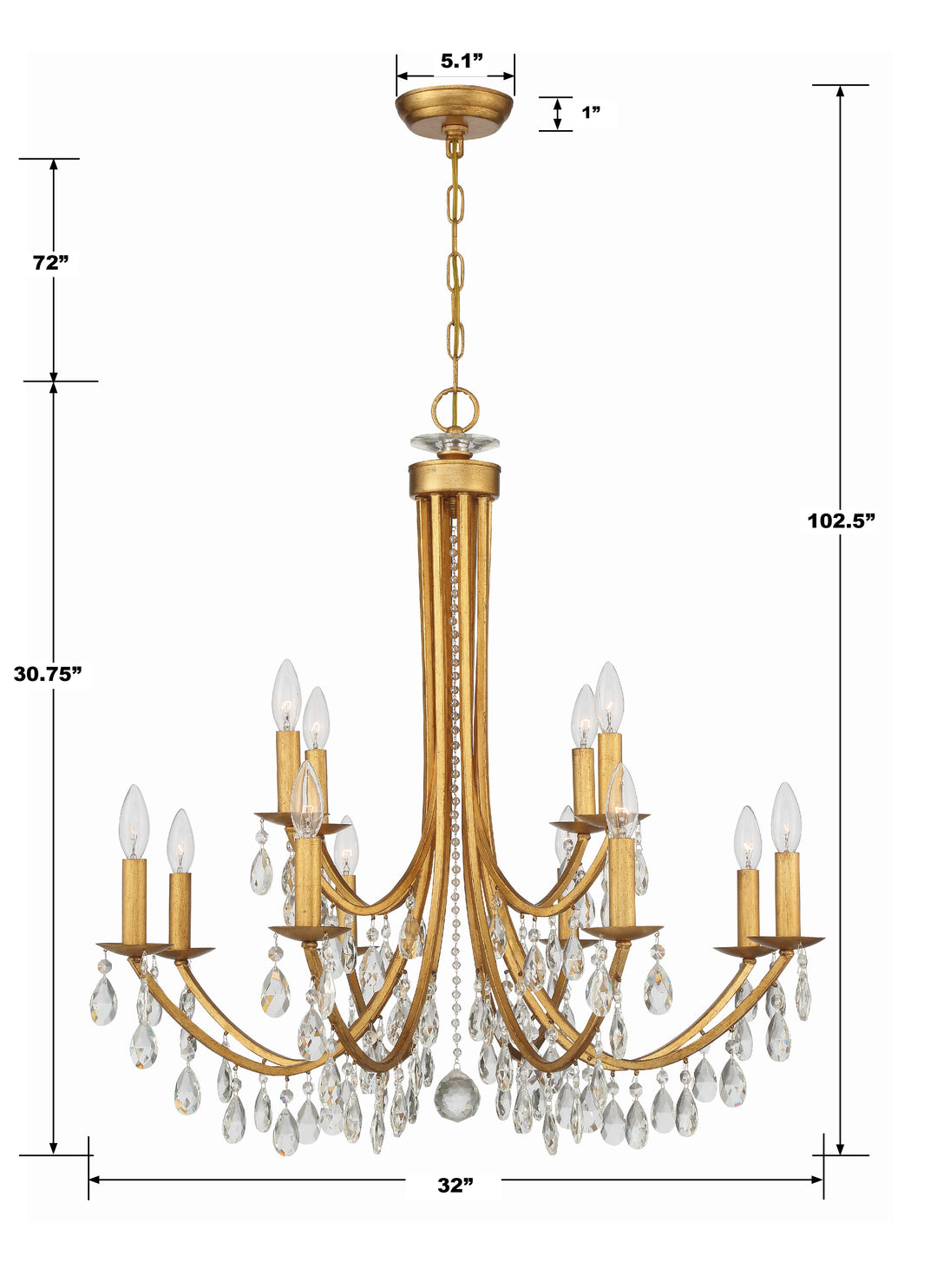 Crystorama Bridgehampton 12 Light Swarovski Strass Crystal Antique Gold Chandelier