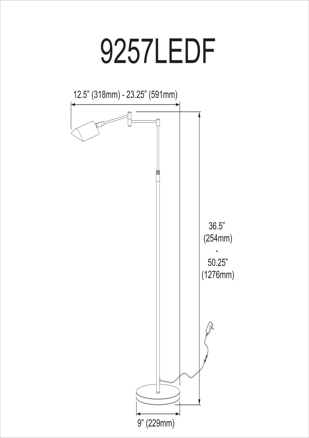 Dainolite 9W LED Swing Arm Floor Lamp, Black Finish