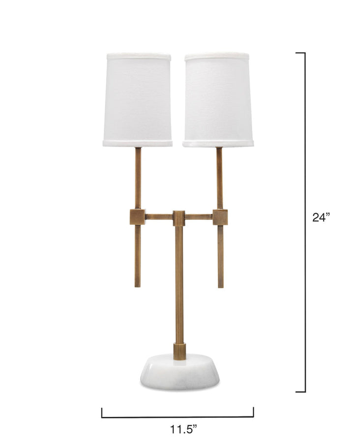 Minerva Twin Shade Console Lamp-Antique Brass and White