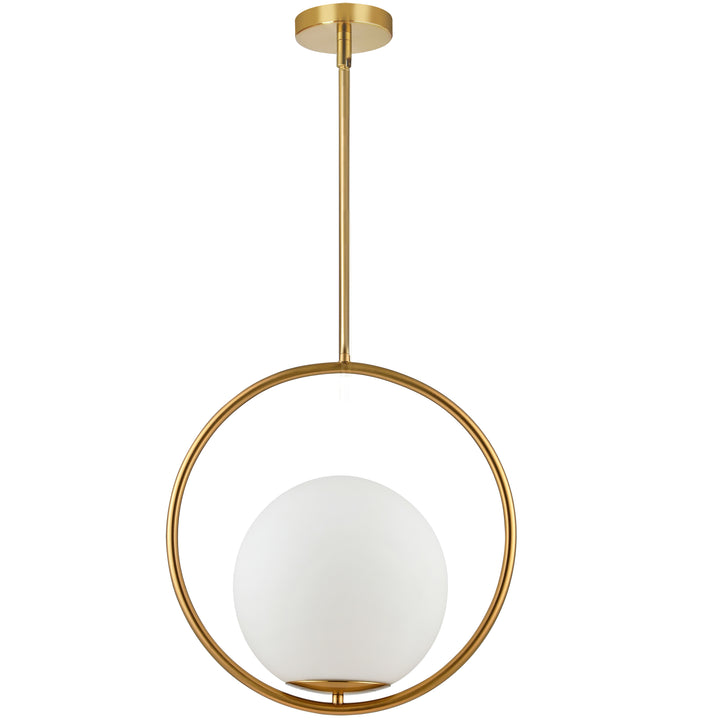 Dainolite 1 Light Incandescent Pendant, Aged Brass with White Opal Glass