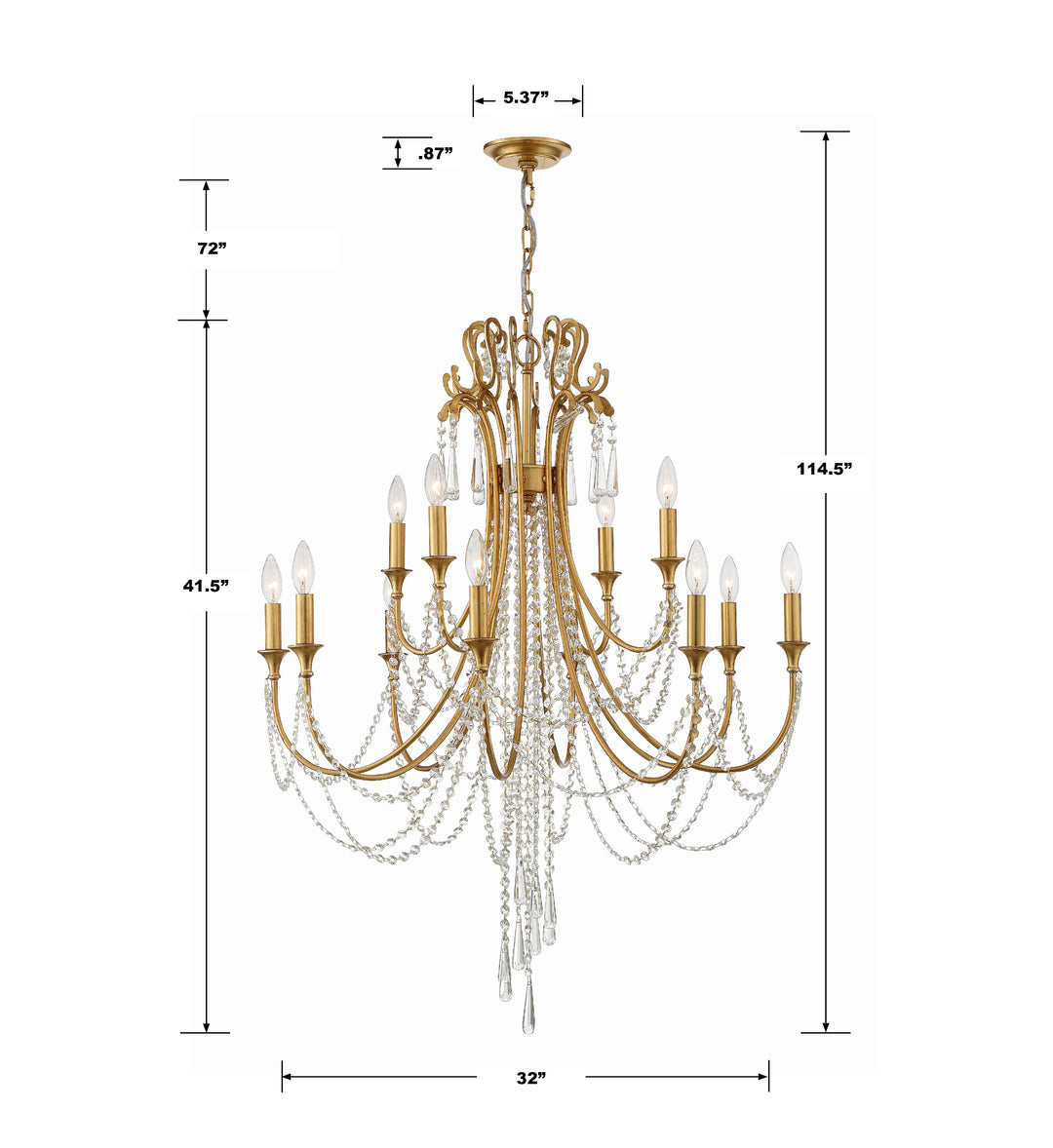 Crystorama Arcadia 12 Light Antique Gold Chandelier