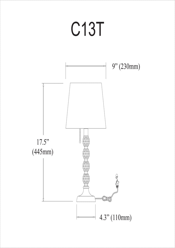 Dainolite 1 Light Crystal Table Lamp, Polished Chrome, White Shade